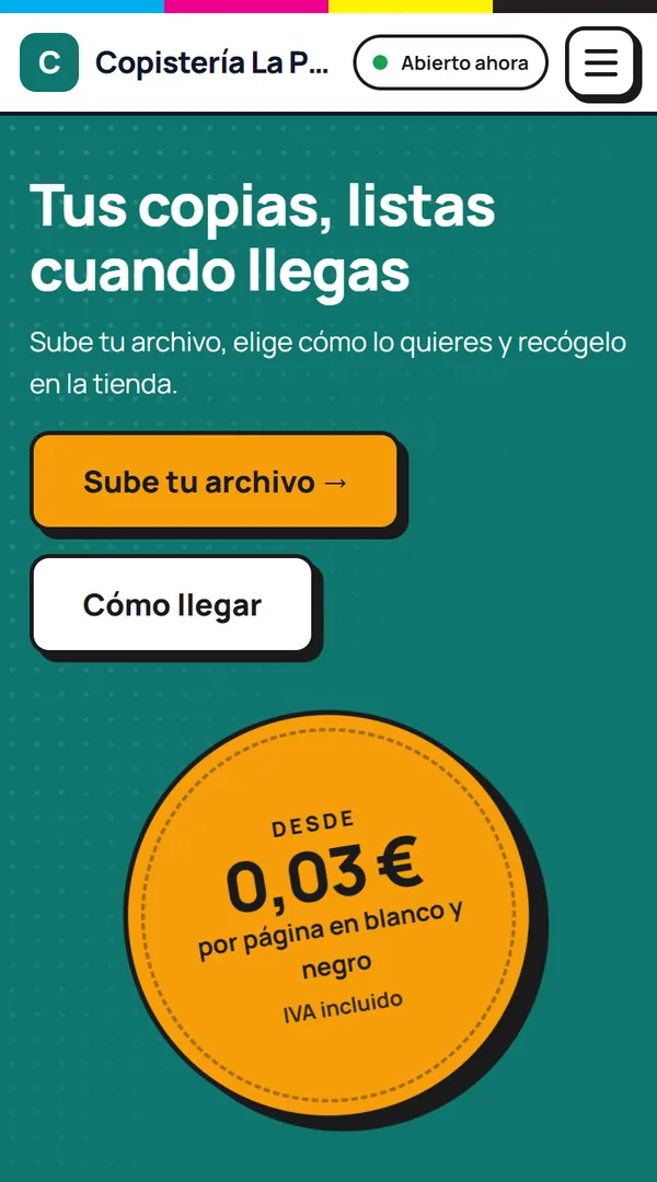 La página de la tienda de ejemplo en el móvil, con su logo, el aviso «Abierto ahora» y el botón «Sube tu archivo».