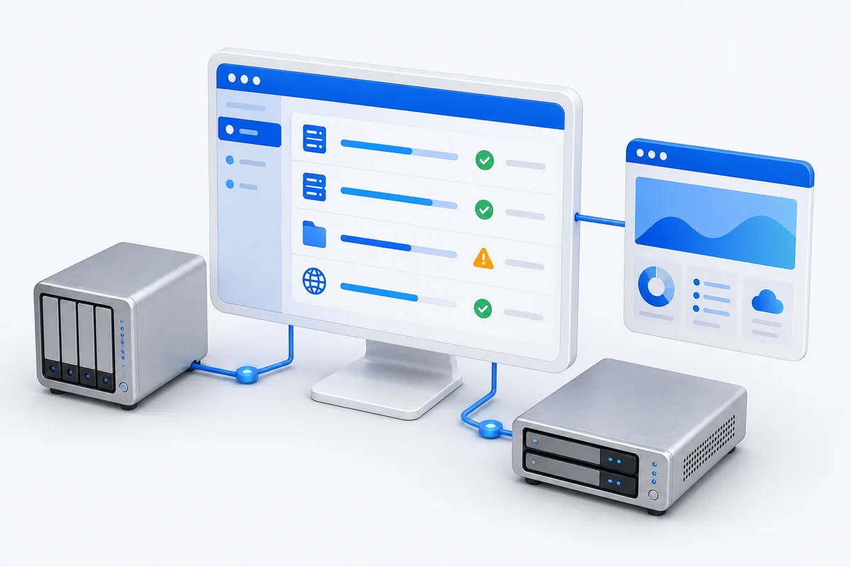 Illustration of a backup dashboard connected to servers, with successful statuses and a warning.