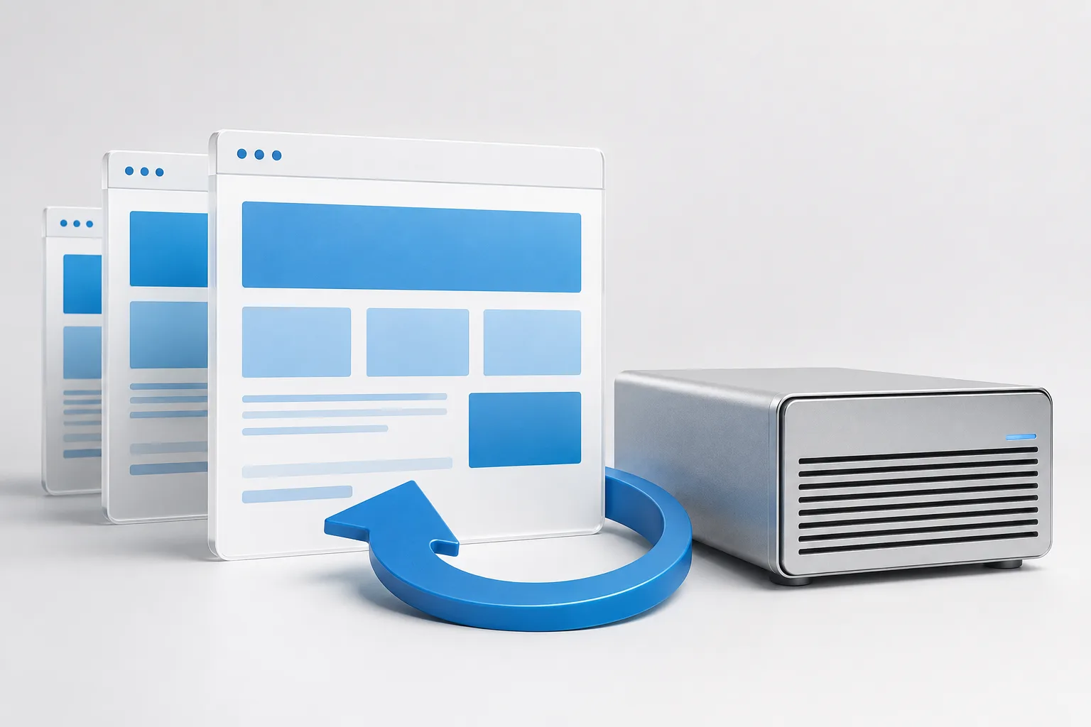 Illustration of saved website versions alongside their backup storage and a recovery arrow.