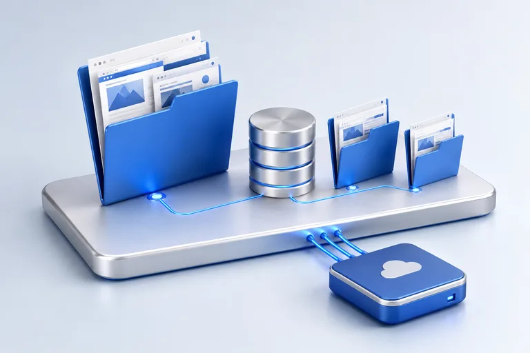 Carpetas del dominio y los subdominios junto a una base de datos conectadas a una copia externa.