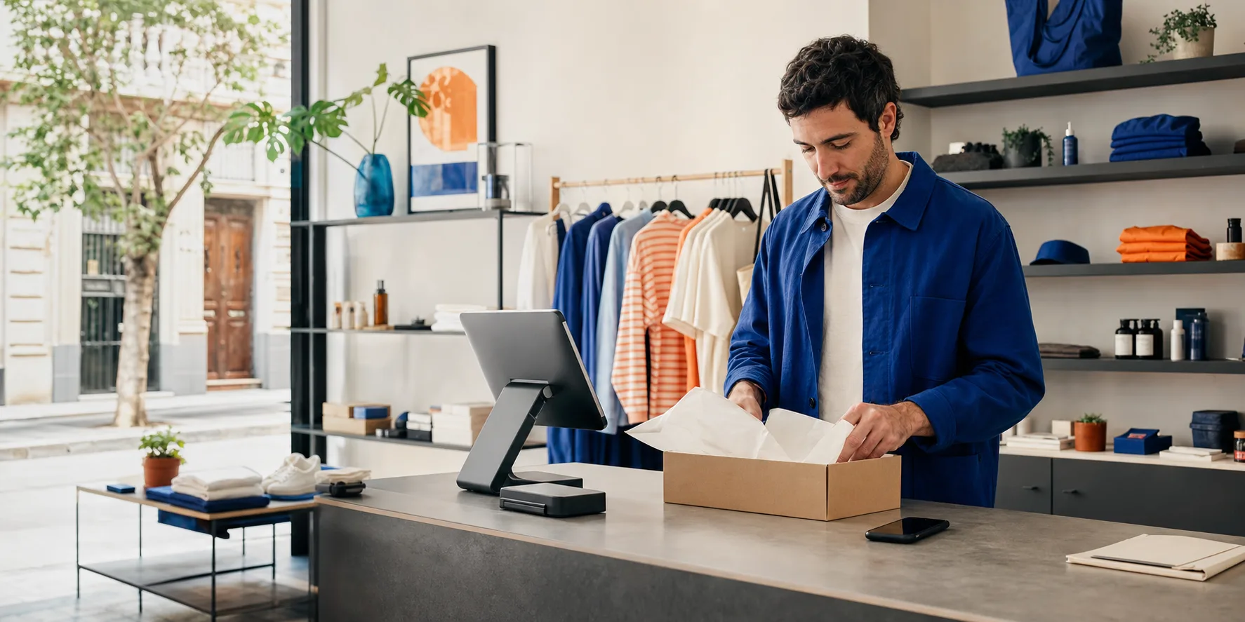 Retailer preparing an in-store collection beside the POS