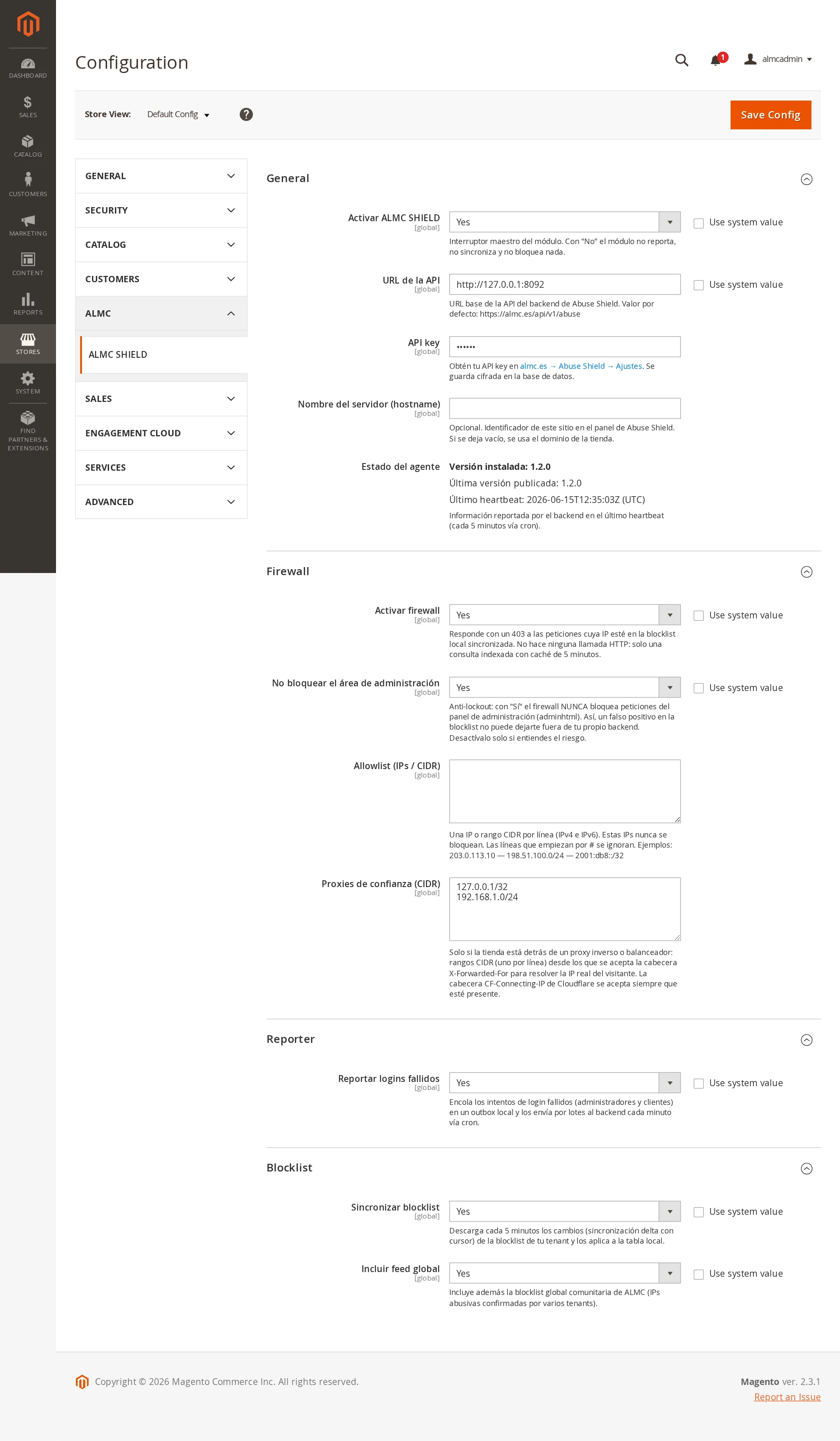 Configuración de ALMC Shield en Stores Configuration de Magento