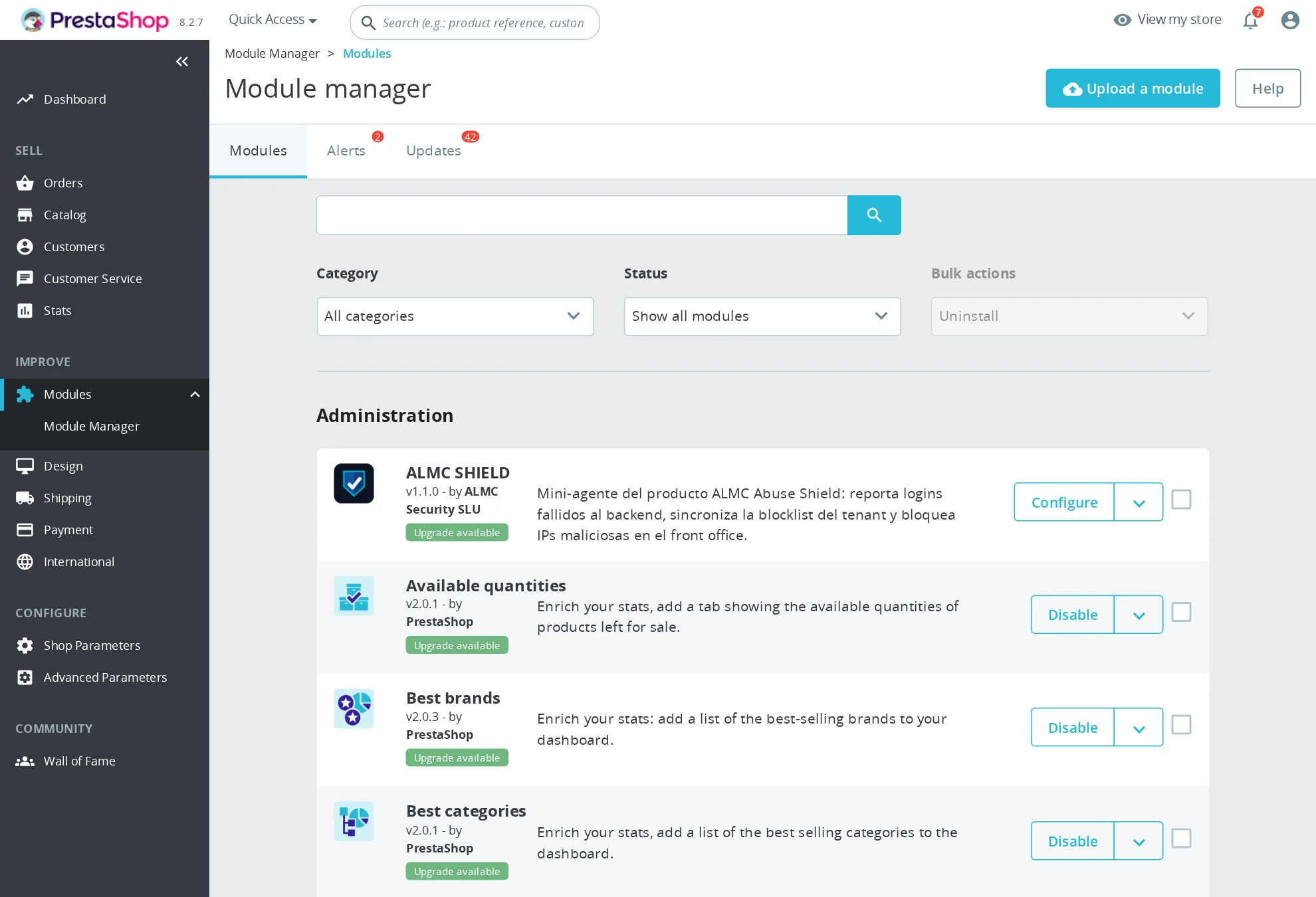 ALMC Shield en el Gestor de módulos de PrestaShop con el botón Configurar