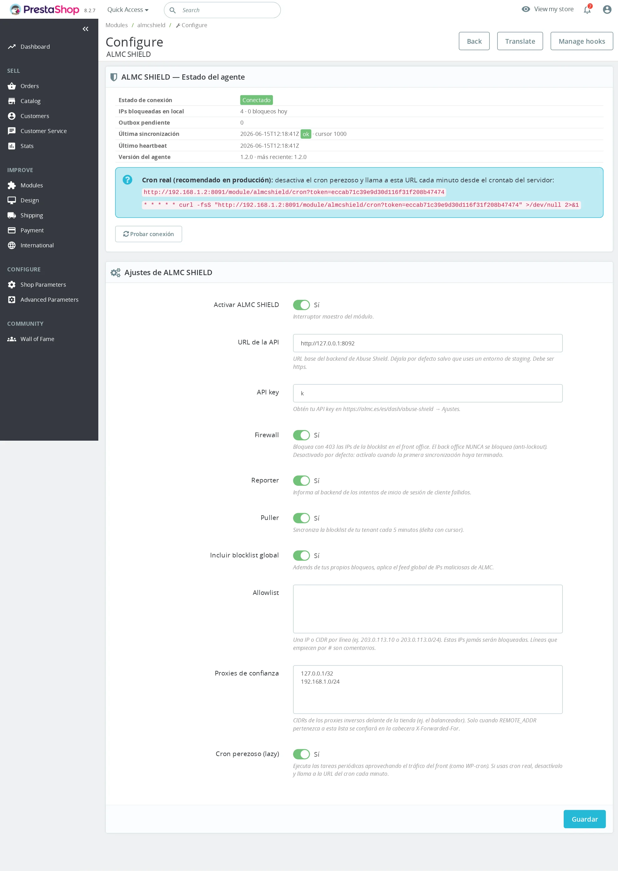 Firewall del módulo ALMC Shield activado en PrestaShop