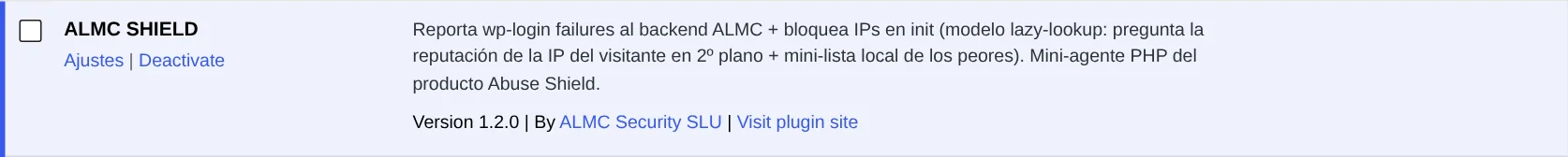 ALMC Shield activo en la lista de plugins de WordPress