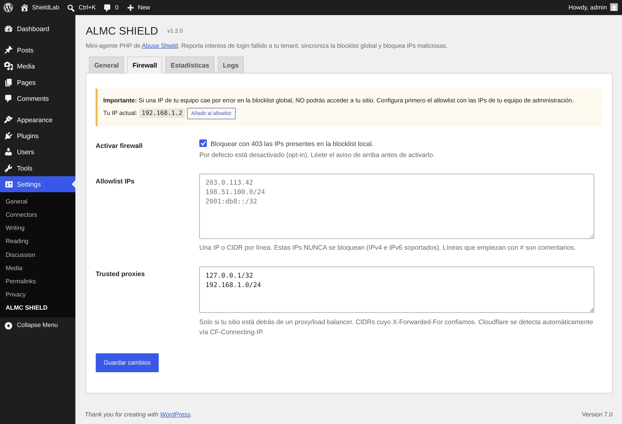 Firewall de ALMC Shield activado en WordPress
