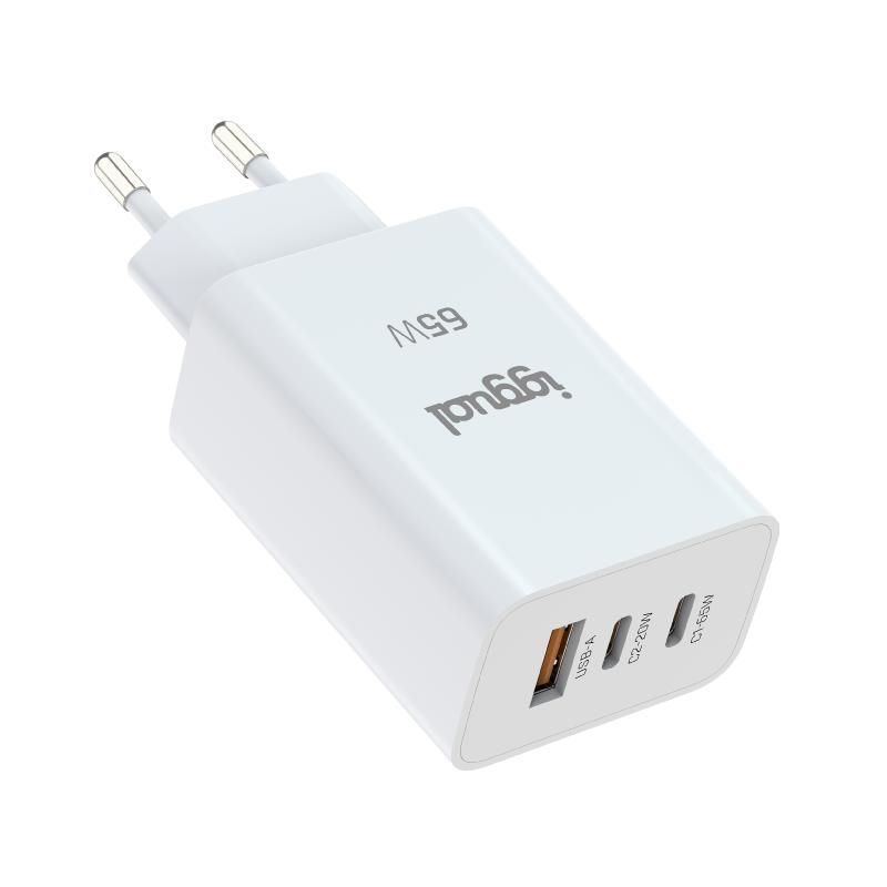 Carregador de paret iggual GaN 65W 3 ports USB-A i USB-C blanc