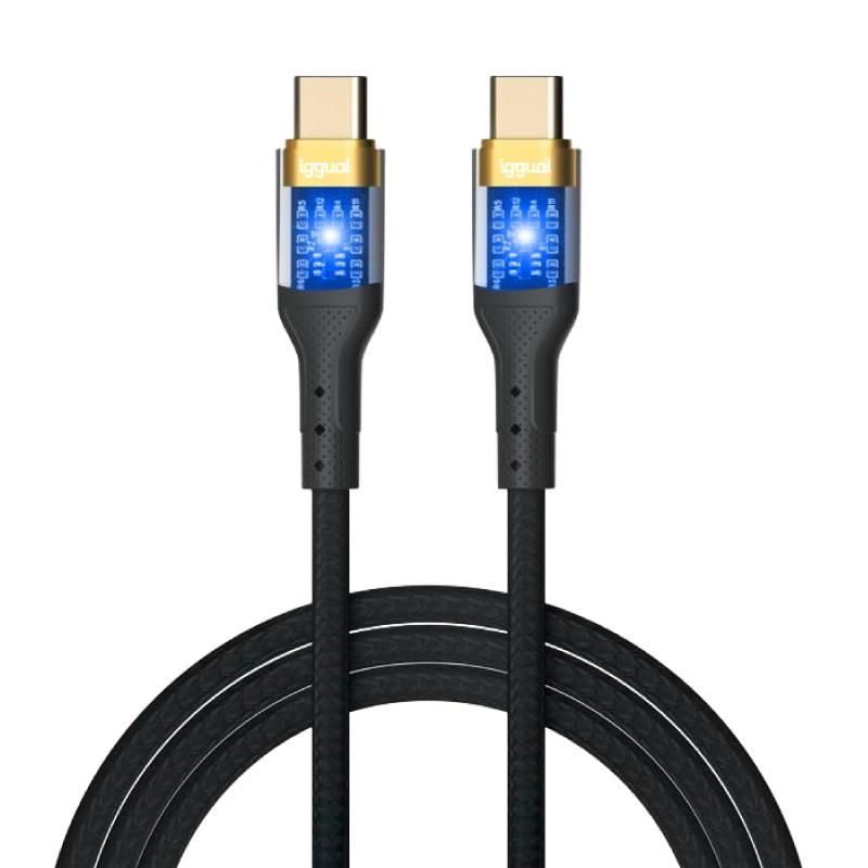 Cable USB-C a USB-C iggual 3A 1 m trenat LED negre