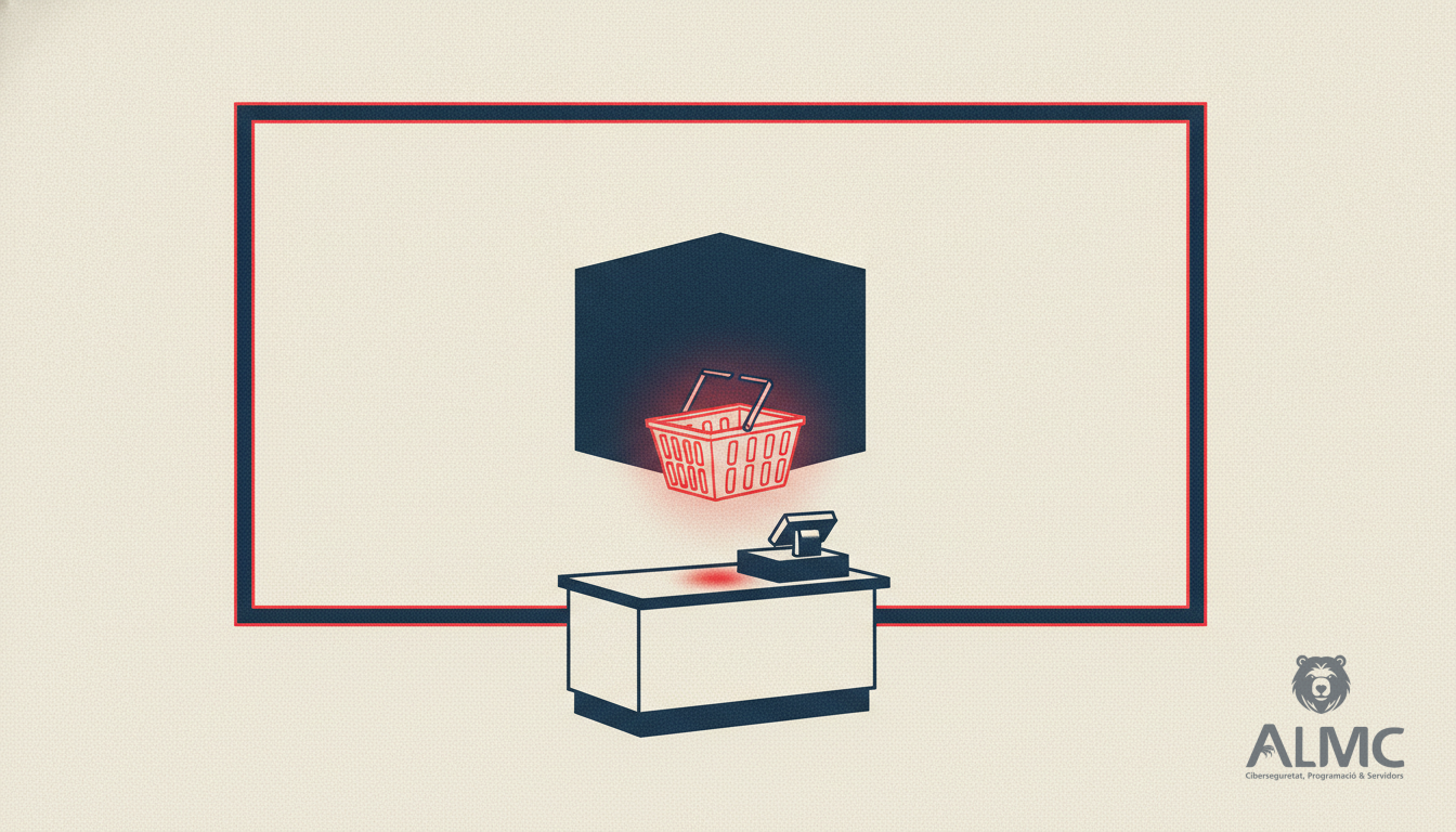Illustration of an online shop counter with a floating basket and an empty advertising frame on a screen