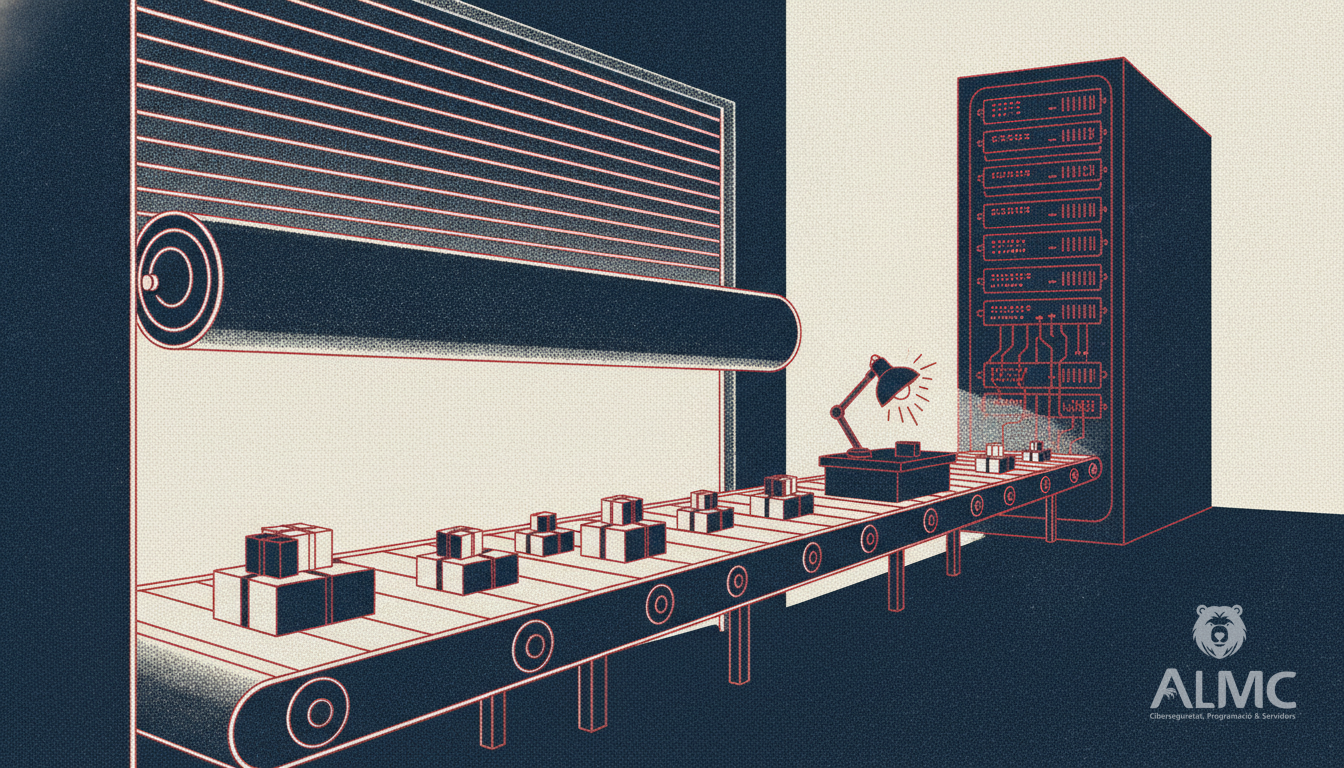 Shop shutter opening onto a parcel conveyor leading to a server rack, symbolising a reliable ecommerce infrastructure