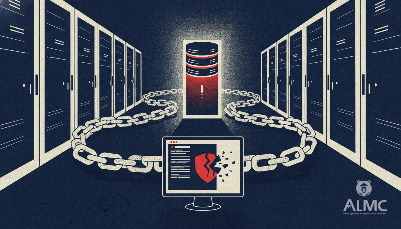 Illustration of a database server chain reaching a Windows system with a broken shield
