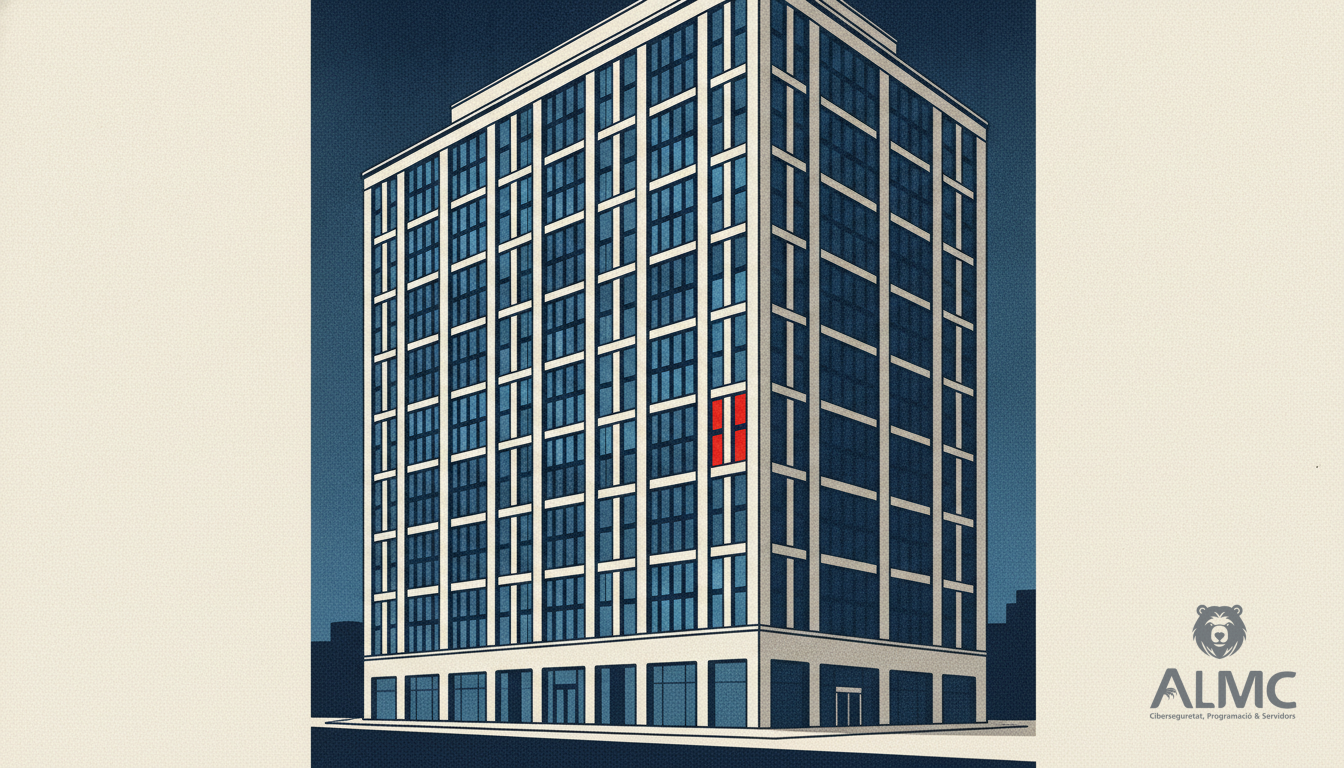 Edificio de oficinas con una ventana roja entre muchas azules, simbolizando un servidor comprometido