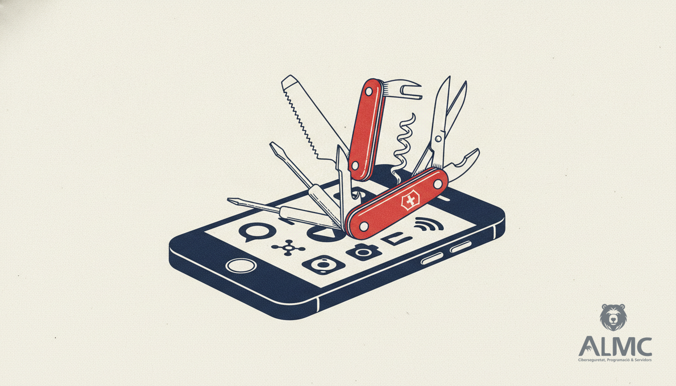 Smartphone transformándose en navaja multiusos, simbolizando versatilidad y especialización en plataformas de comunicaci