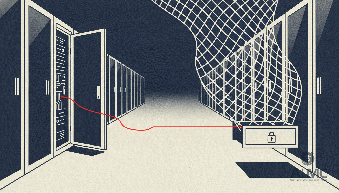 Metáfora visual de una brecha de seguridad en servidores y la contención mediante bloqueo de accesos maliciosos