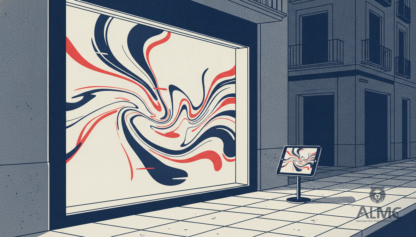 Shop window with digital screen displaying abstract content, illustrating digital signage for local businesses