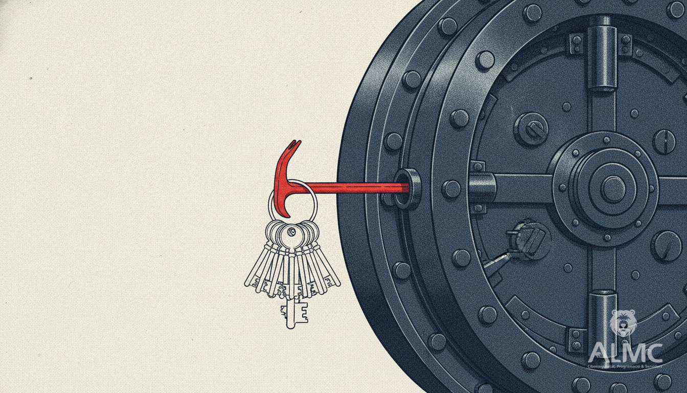 A vault door being forced open with a crowbar, symbolising privilege escalation through trusted security tools