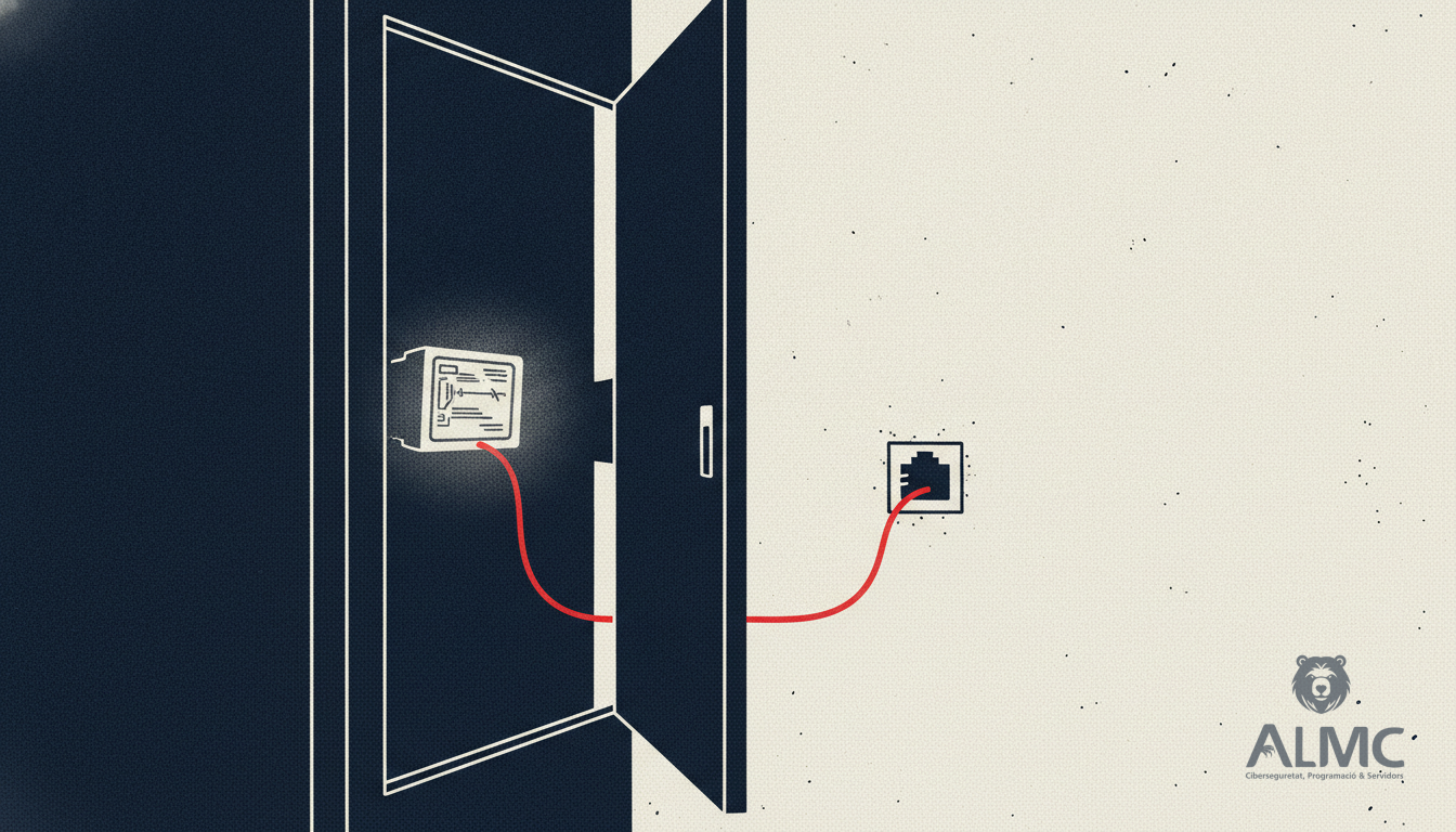 Server rack with an open door and a cable running from inside towards an exposed network port