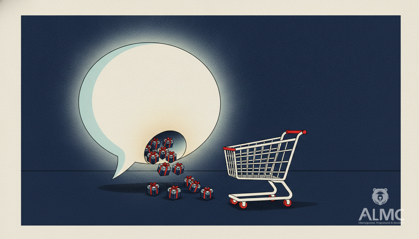 A shopping trolley receiving parcels from a glowing chat bubble, representing conversational advertising for online shops