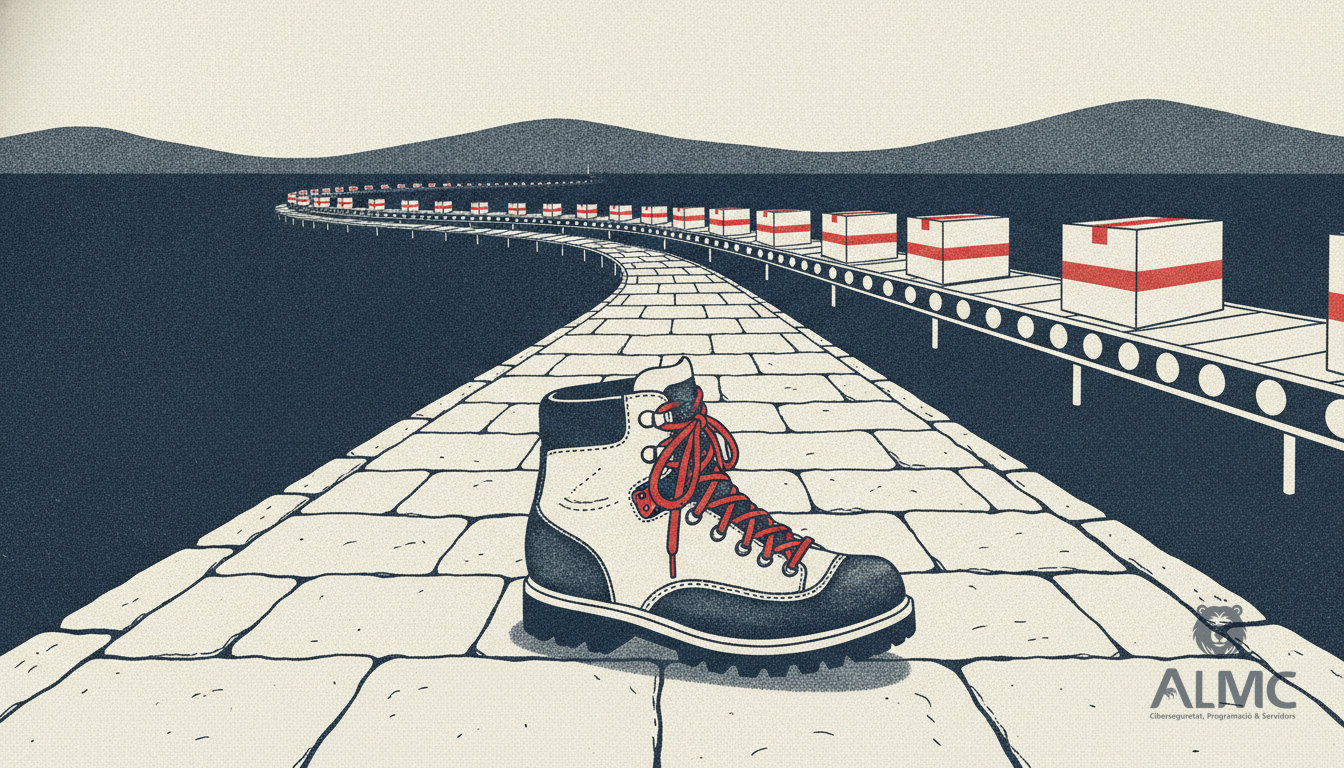 A barefoot hiking boot on a mountain path with a conveyor of parcels curving into the distance behind it