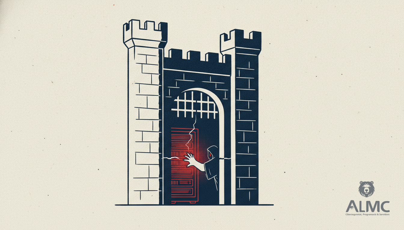 Hooded attacker reaching through a crack in a castle gate toward a glowing server rack