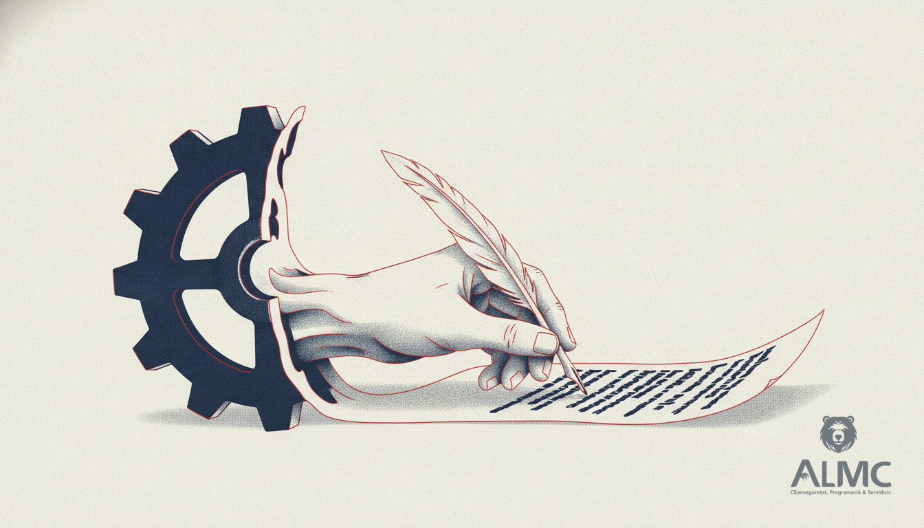 Engranaje metálico que se convierte en una mano escribiendo, ilustrando la evolución de la automatización.