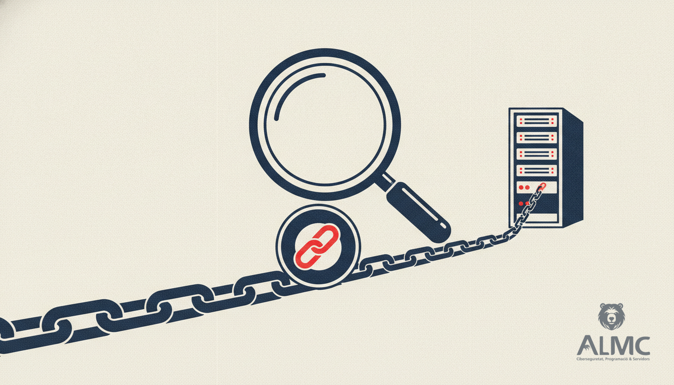 Magnifying glass inspecting a browser extension icon connected to a server rack