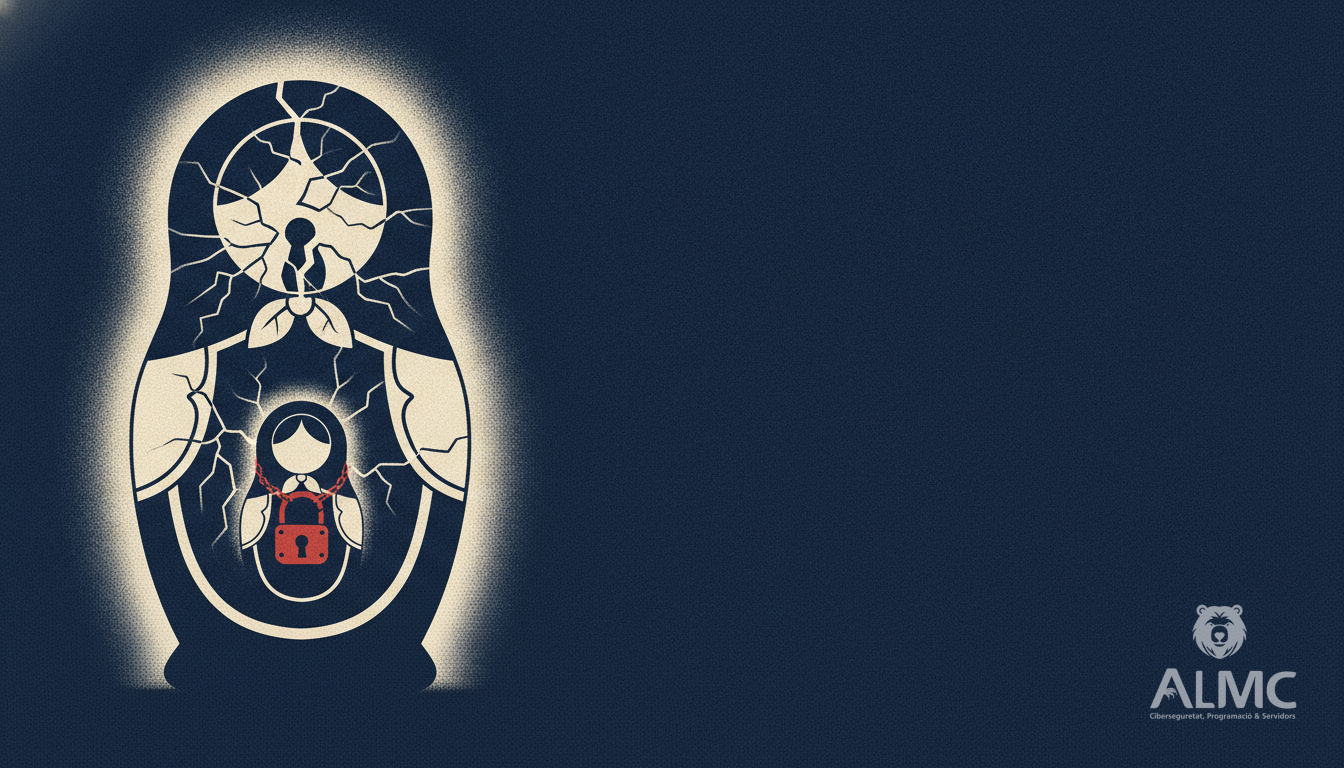 Nesting dolls with a cracked outer shell and a glowing light, representing a virtual machine escaping to the host.