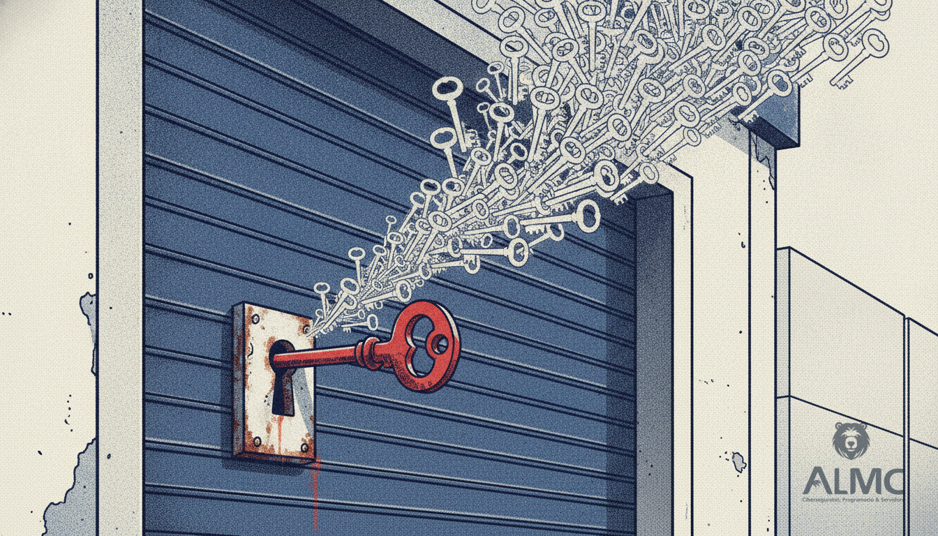 A stuck key in a warehouse door lock with a swarm of duplicate keys approaching the same keyhole