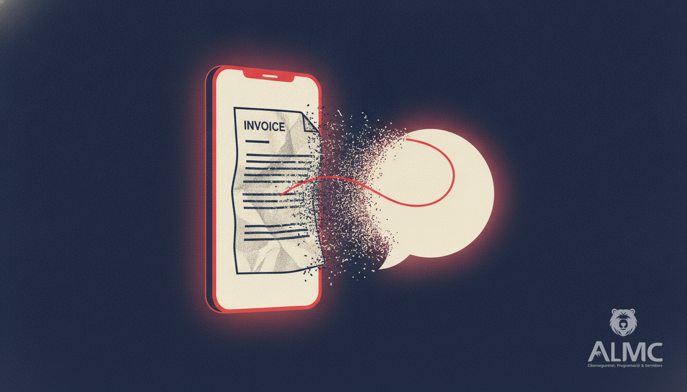 Una factura de papel transformándose en un mensaje de WhatsApp al atravesar la pantalla del móvil.