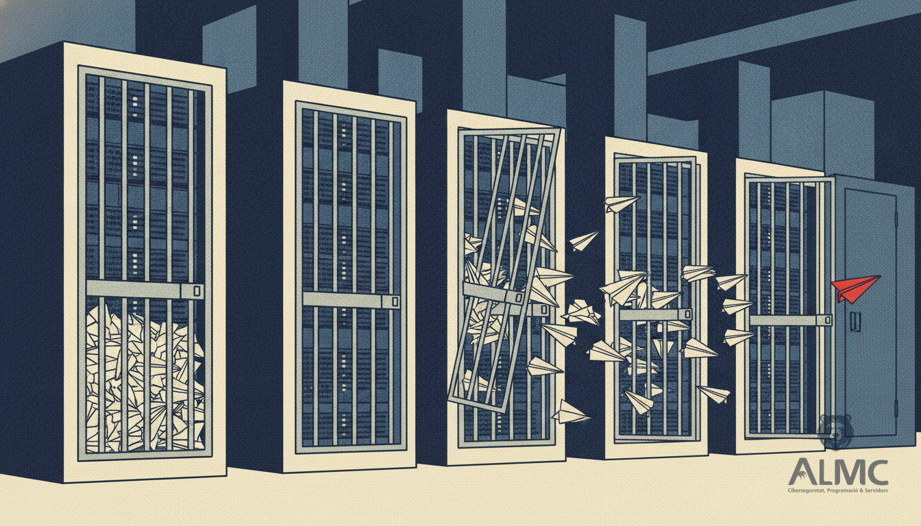 Server racks protected by closing steel gates blocking incoming threats in a data centre
