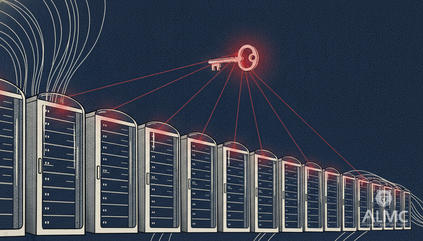 Server racks protected by a shared security shield representing centralised IP blocking and reputation management