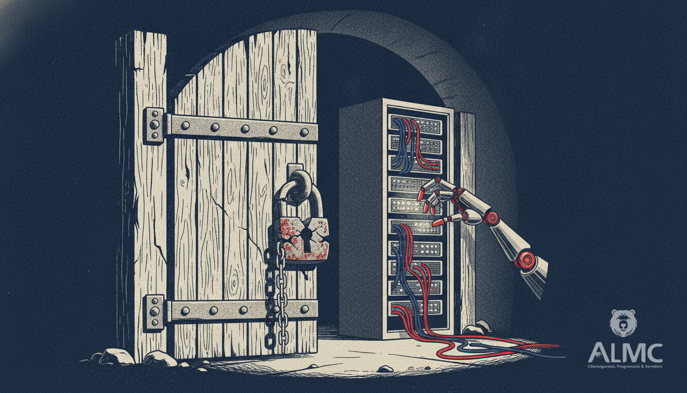 Broken lock on a castle gate with a server rack in the background