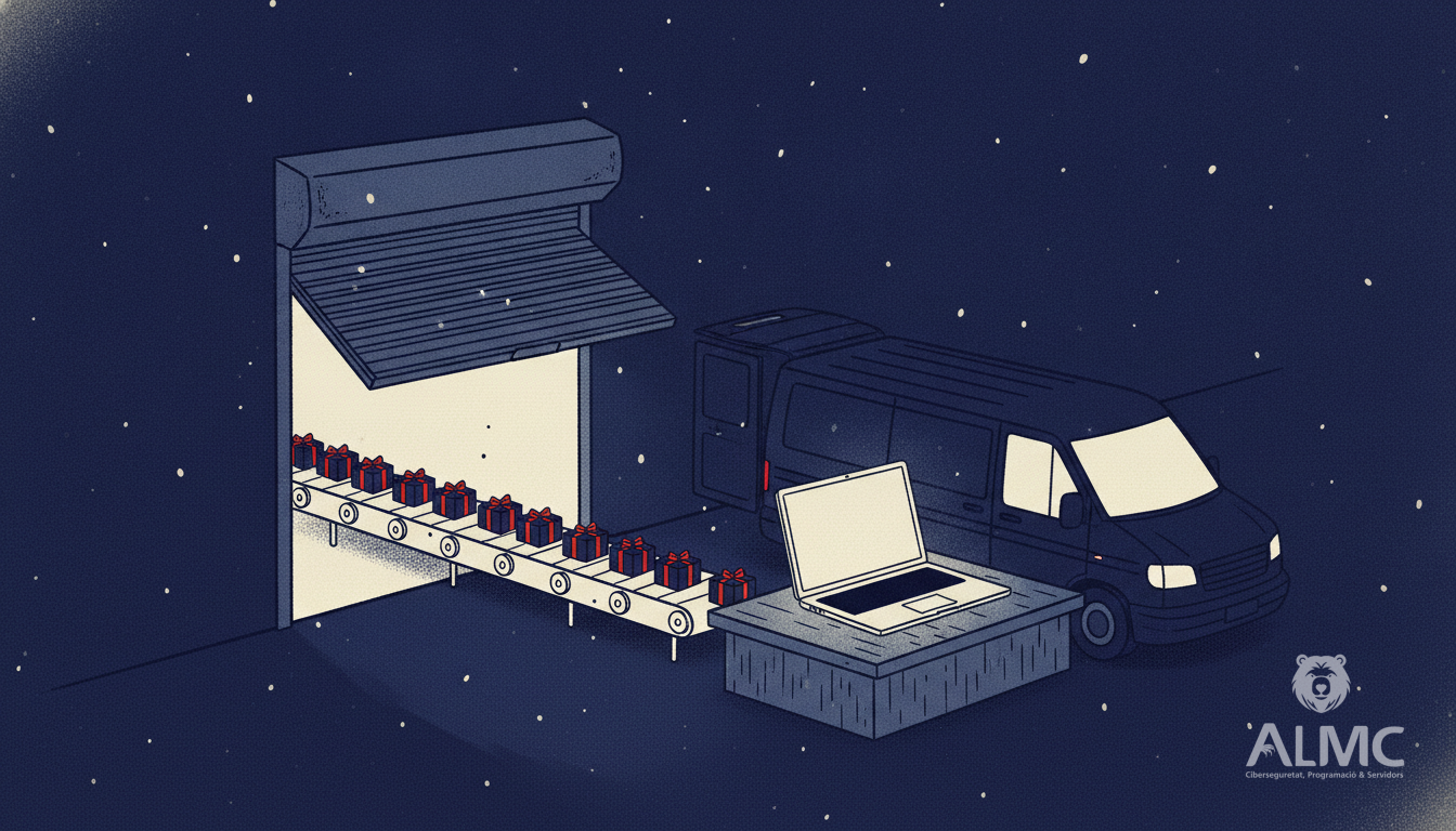 A shop shutter opening onto a conveyor of parcels, symbolising a well-built online store ready to sell