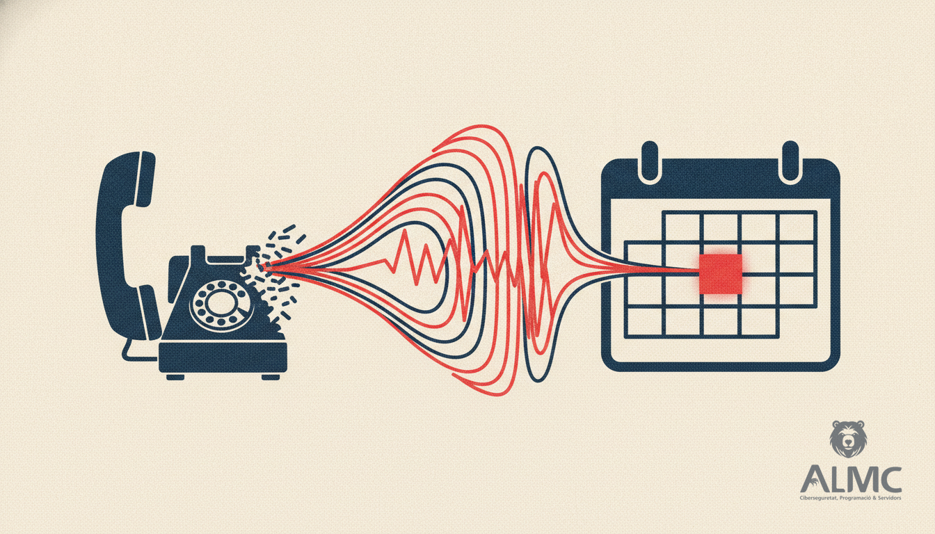 Un teléfono de oficina antiguo transformándose en una onda de sonido digital conectada a un calendario.