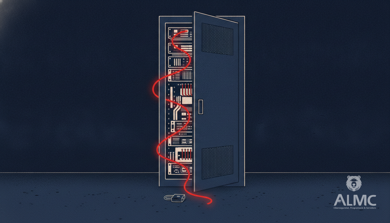 A coiled wire slipping through an open server rack door, illustrating a critical GitLab vulnerability exploited in the wild