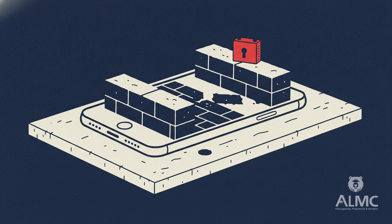 A smartphone with a half-built brick wall where the screen should be, with a padlock resting on the bricks, symbolising gaps in app security