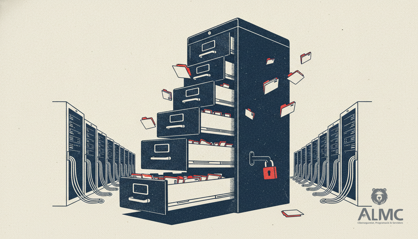 Open filing cabinet in a server room illustrating unrestricted file access on an exposed FTP server