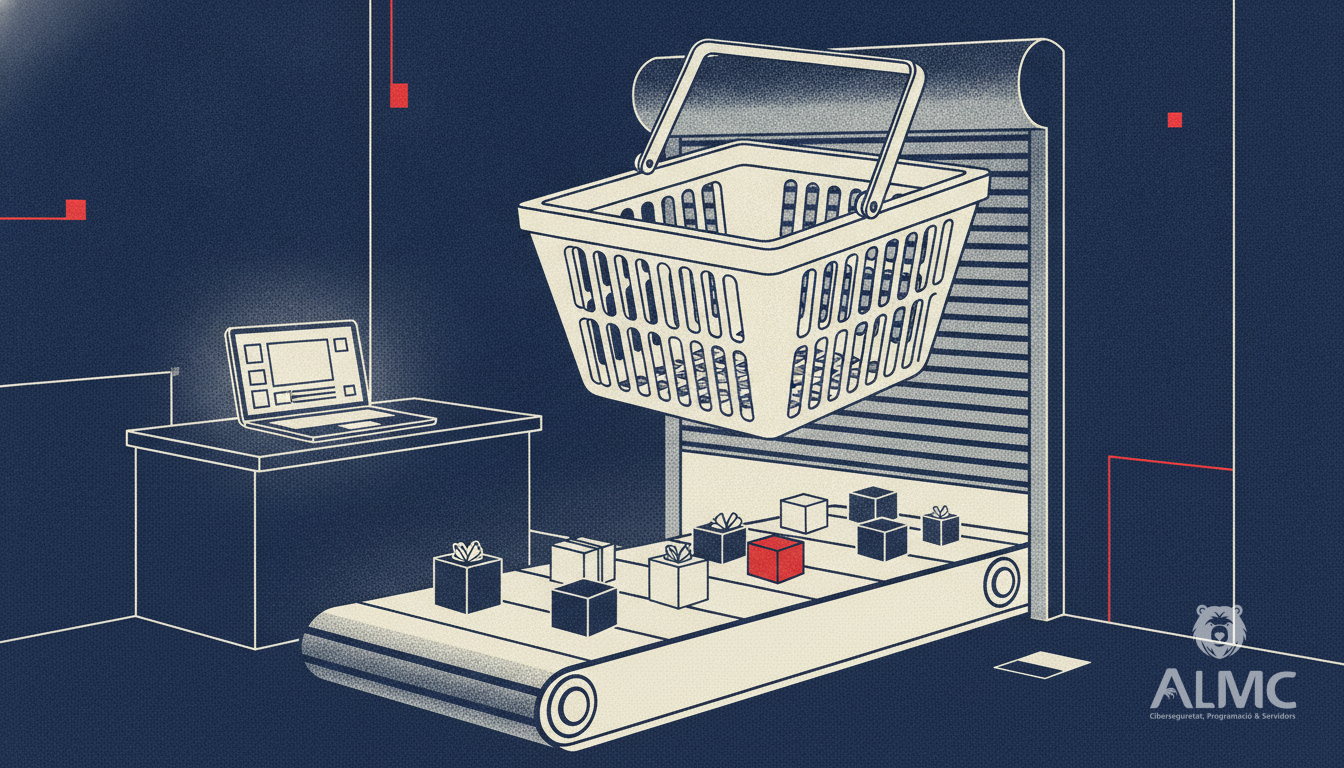 Persiana de tienda abriéndose hacia una cinta transportadora de paquetes y una cesta de compra, símbolo de tienda online que vende