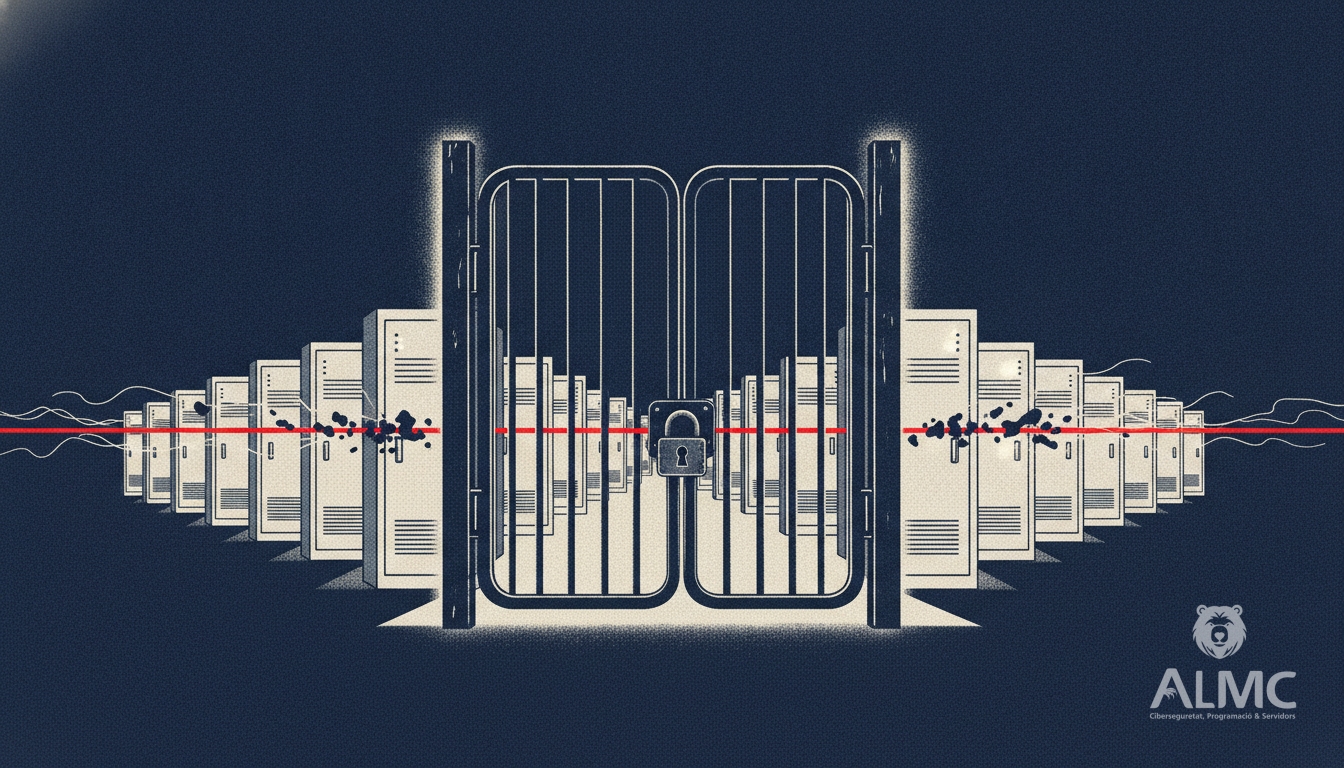 A locked gate protecting a row of server cabinets, with a shared thread linking them and rejected intruders bouncing away