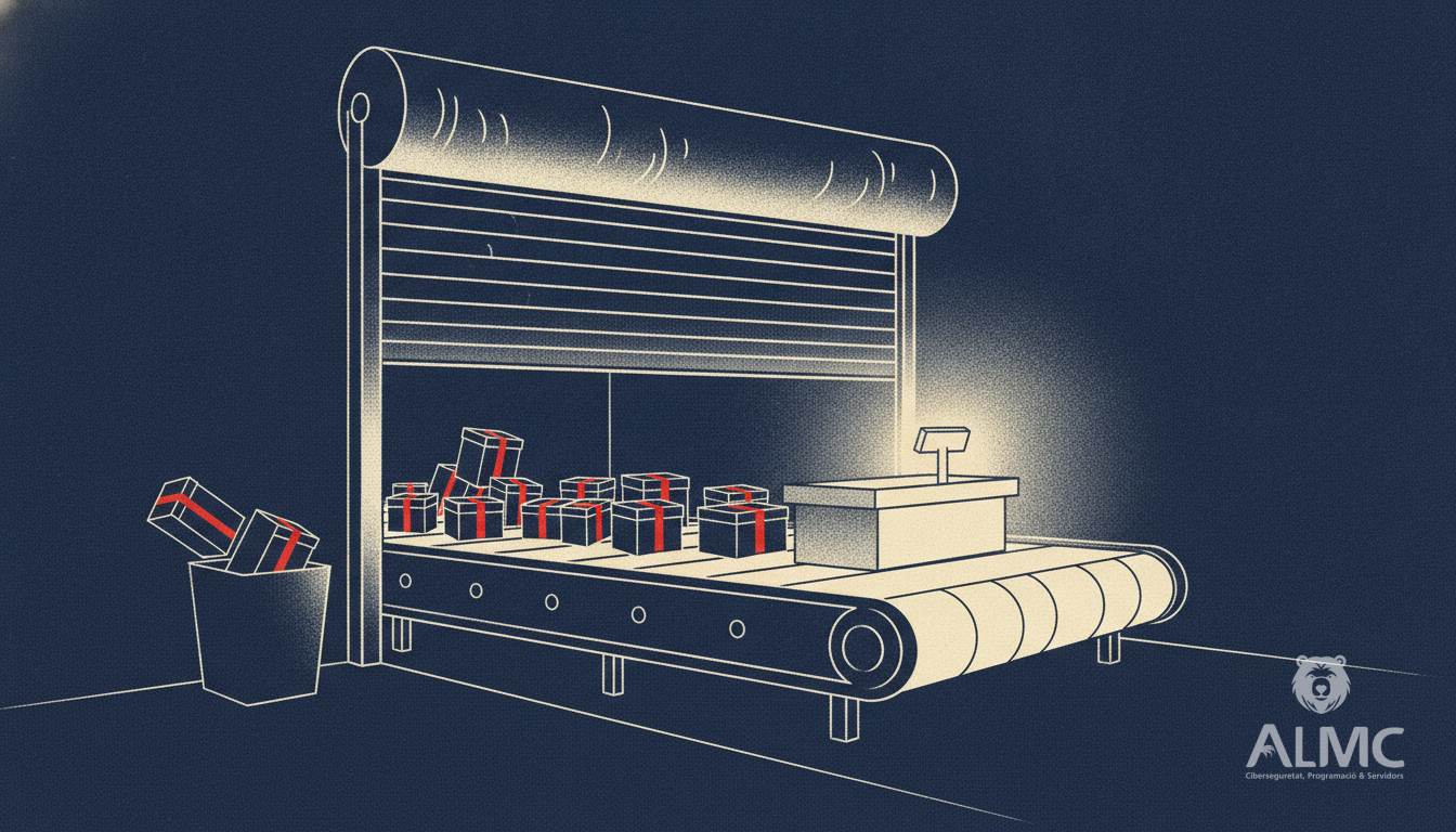 Shop shutter opening onto a conveyor of parcels feeding a bright checkout, with some parcels falling away