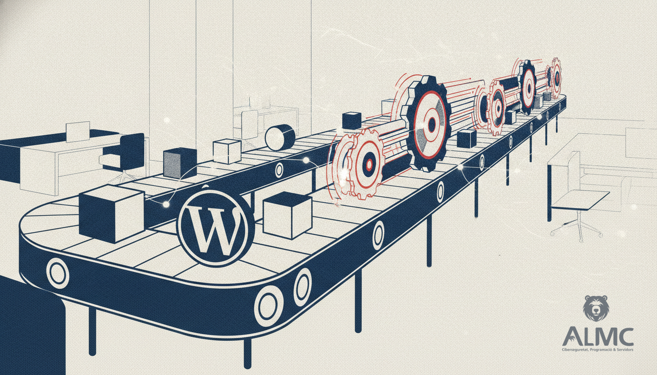 Automated WordPress workflow with gears and blocks on a conveyor belt in an office