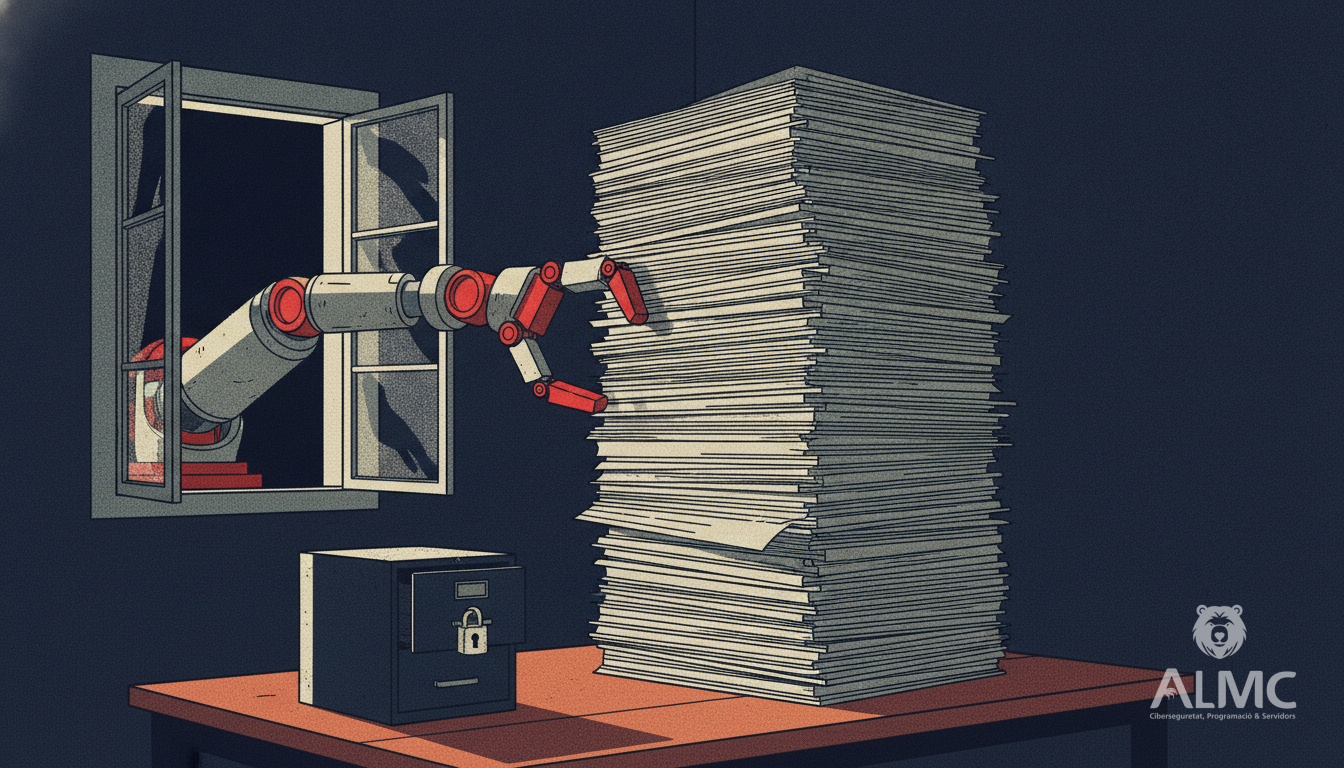 Robotic arm reaching into a small shop office towards catalogues, with a locked cabinet beside it
