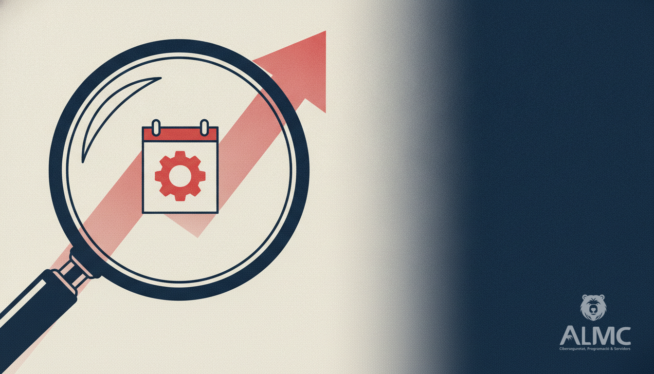 Magnifying glass over calendar with gear and upward arrow, representing Google Ads update