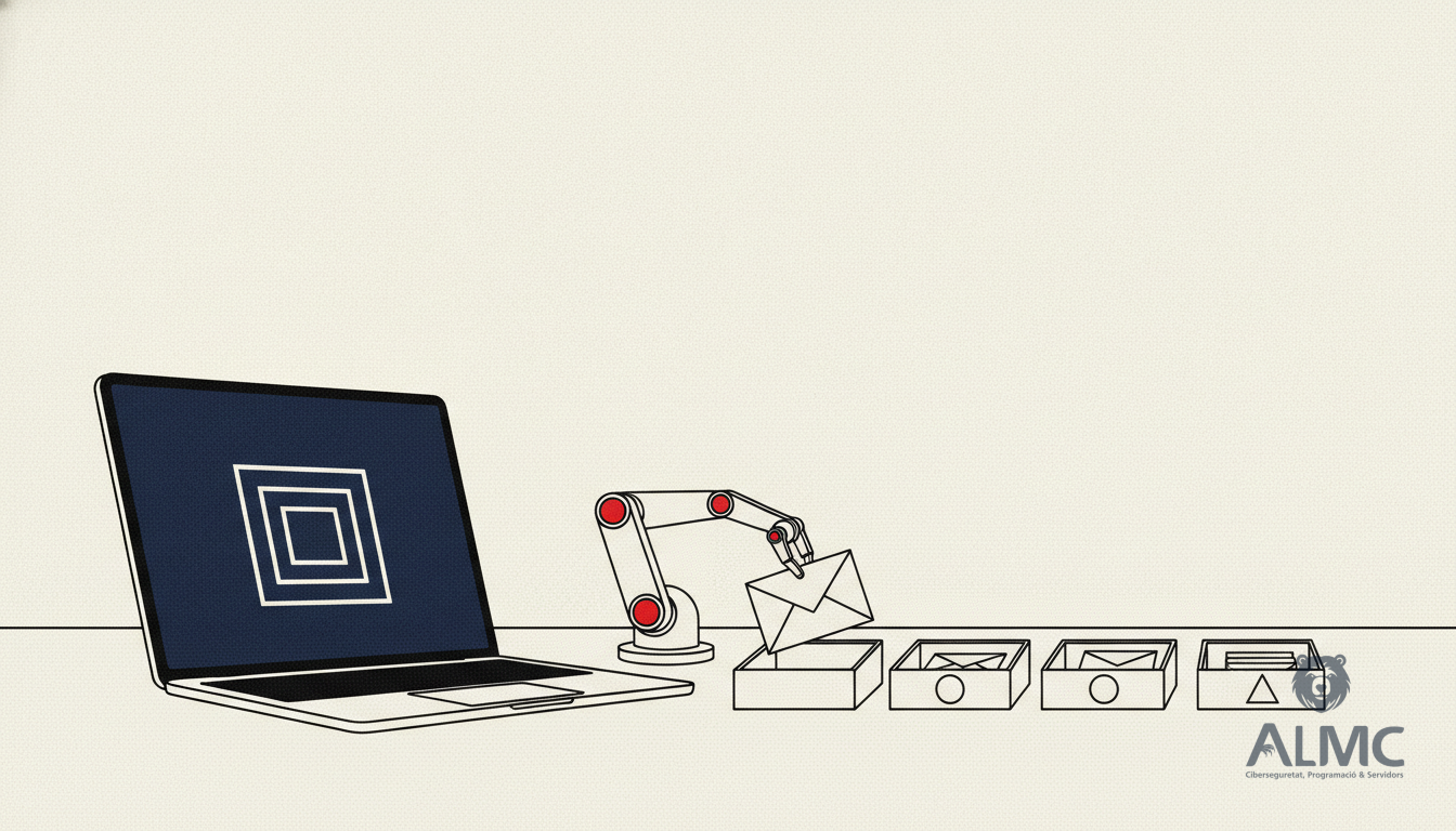 Robotic arm sorting envelopes into trays representing AI email automation