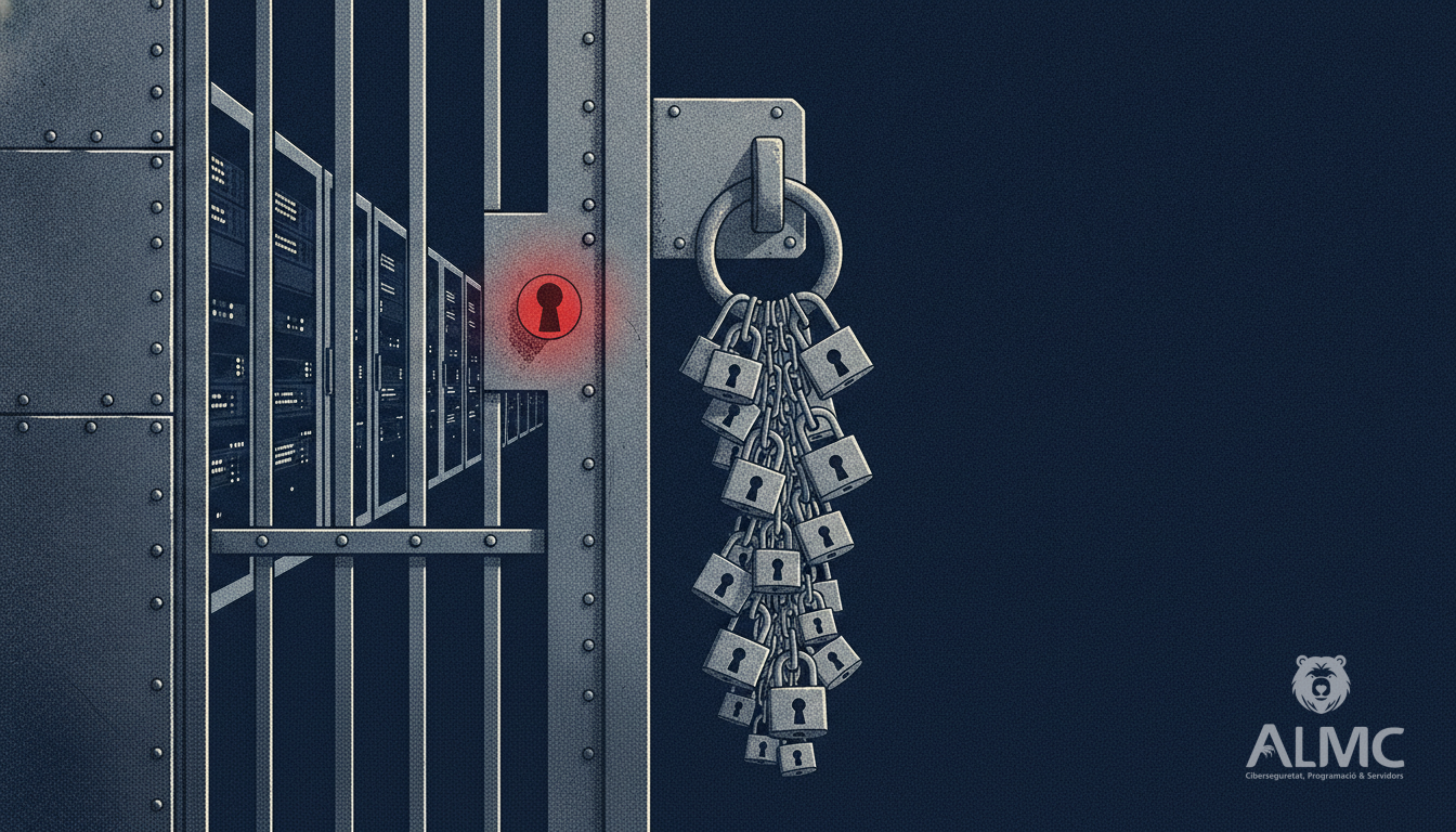 A gated server rack with a ring of linked padlocks, illustrating shared IP reputation and coordinated blocking across servers