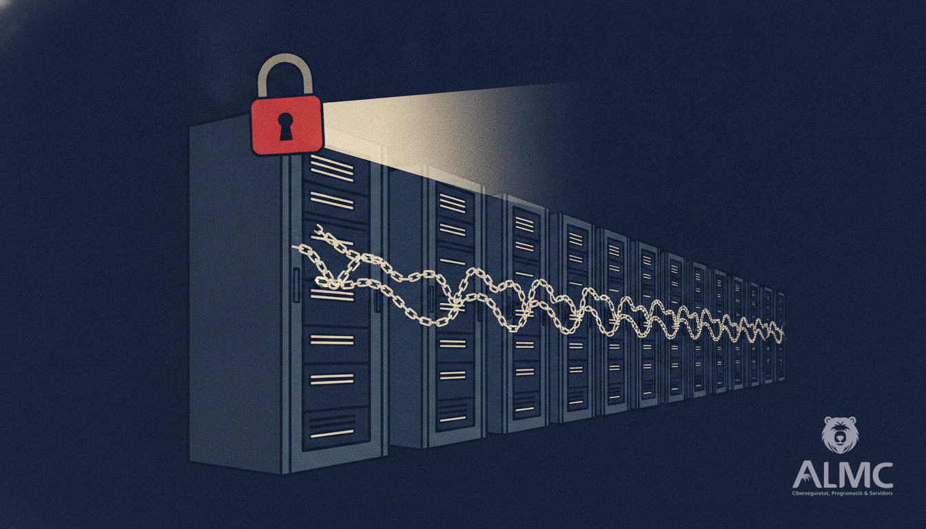 Interlinked server racks sharing one padlock, representing a centralised IP reputation feed protecting multiple servers