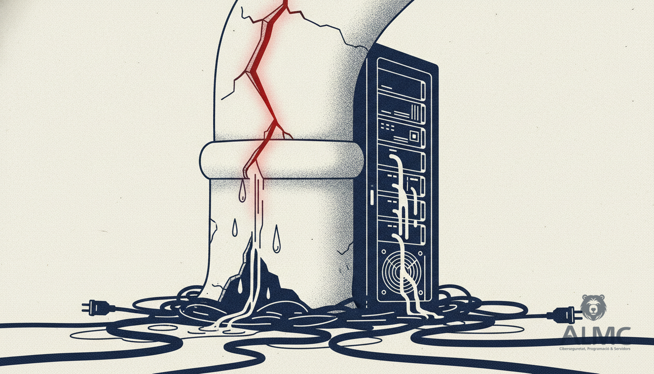 Tubería agrietada junto a un rack de servidores que ilustra una vulnerabilidad crítica en PHP