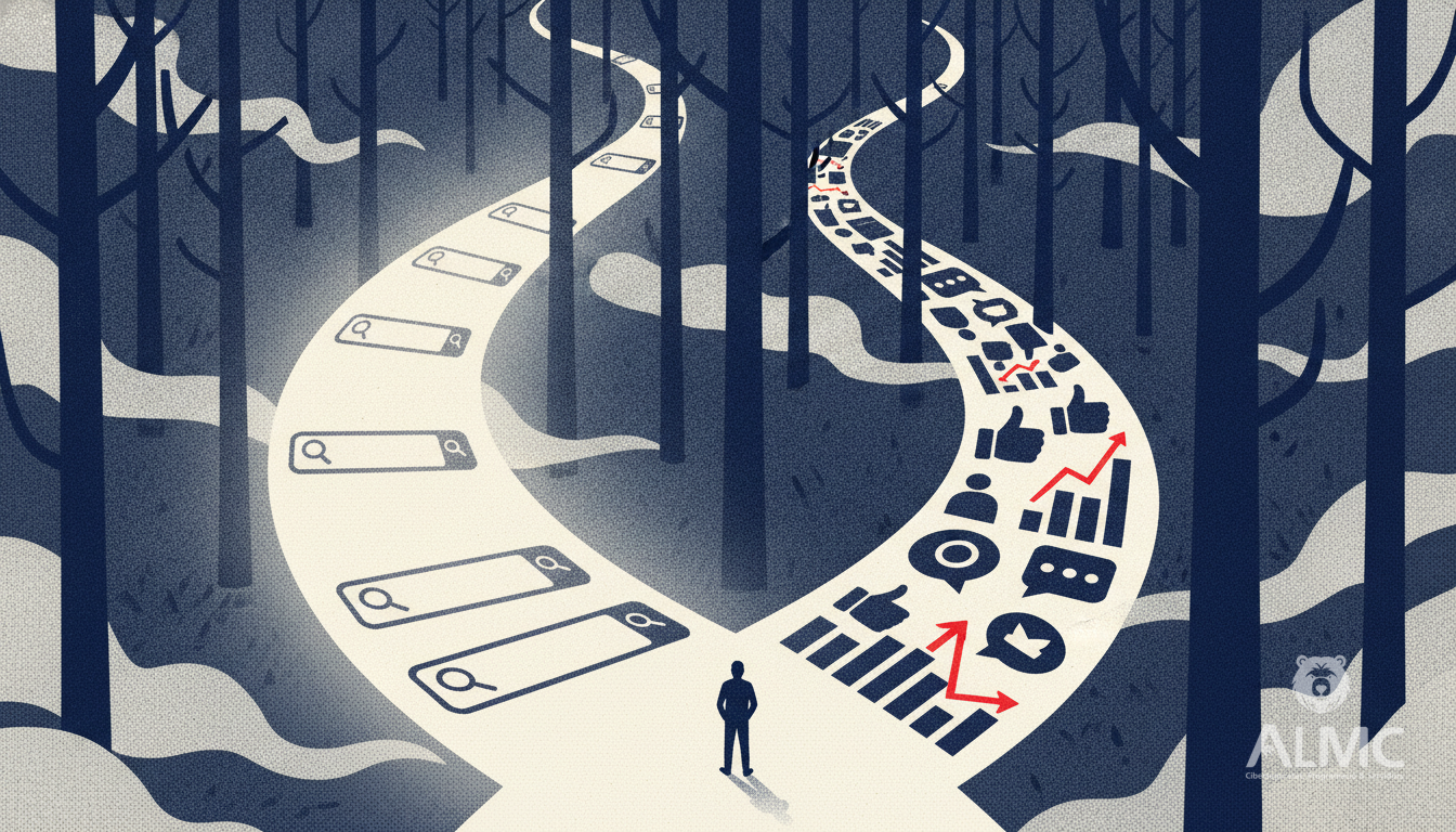A fork in a forest path with one side glowing with search icons, symbolizing SEO career choice