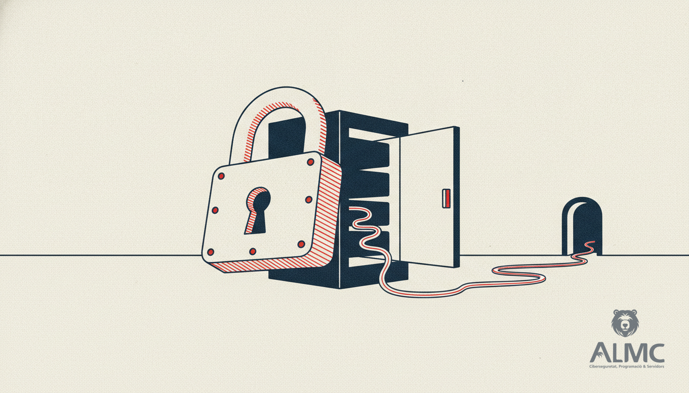 Padlocked database cabinet with a door left ajar and cables snaking out towards an unguarded doorway