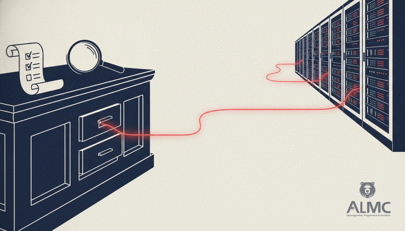 Checkout counter with a thread slipping through the drawer towards a server rack, illustrating an injection flaw in an online course plugin